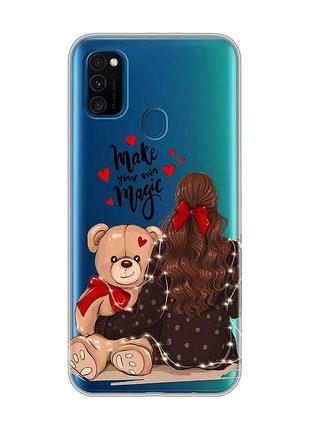 Прозрачный чехол на samsung galaxy m30s/м21 девушка с мишкой (принт 188)