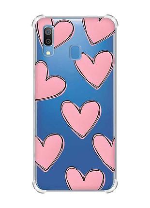Чехол с утолщёнными углами на samsung galaxy a30(2019)/a20(2019) сердечка розовые (принт 78)