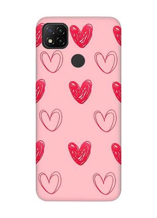 Матовый розовый чехол на xiaomi redmi 9c/10a :: сердечка красные (принт 77)