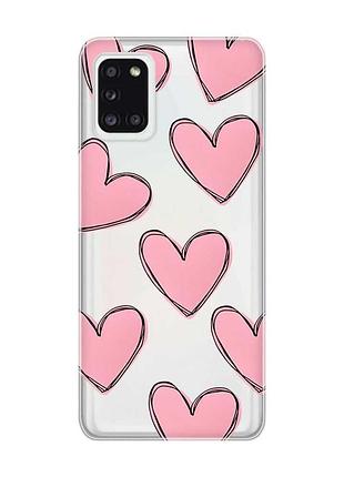 Прозрачный чехол на samsung a31 сердечка розовые (принт 78)