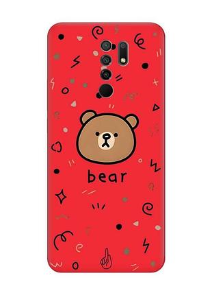 Матовый чехол с красными боками на xiaomi redmi 9 мишка (принт 76)