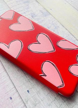 Чохол-книжка з малюнком на xiaomi redmi note 7 / note 7 pro червоний; сердечка рожеві (принт 78) 2