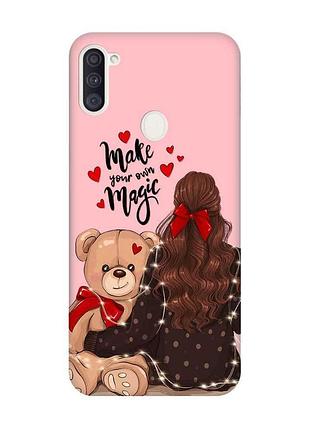 Матовий чохол з рожевими боками на samsung galaxy a11 дівчина з ведмедиком (принт 188)