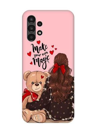 Матовый чехол с розовыми боками на samsung a13 4g девушка с мишкой (принт 188)