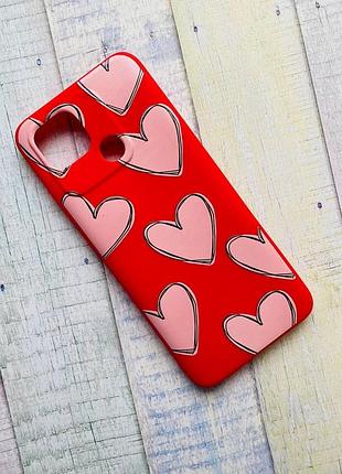 Матовый чехол на xiaomi redmi 10c красный сердечка (принт 78)