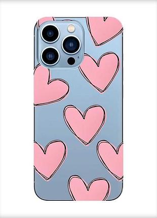 Прозрачный чехол на apple iphone 13 pro max сердечка розовые (принт 78)