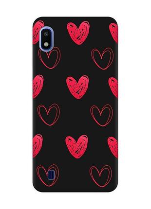 Матовый чехол с черными боками на samsung galaxy a10 (2019) a105 сердечка красные (принт 77)