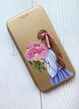 Чехол-книжка с рисунком для samsung galaxy a32 золотой :: девушка с пионами (принт 11)
