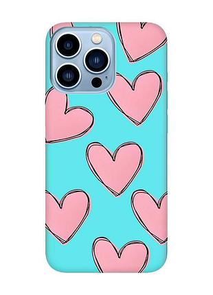 Матовый чехол с бирюзовыми боками на apple iphone 13 pro max :: сердечка розовые (принт 78)