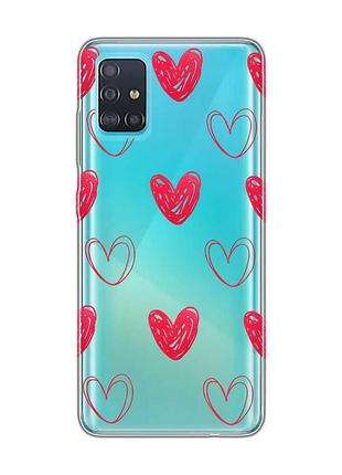 Прозрачный чехол на samsung galaxy a51 сердечка красные (принт 77)
