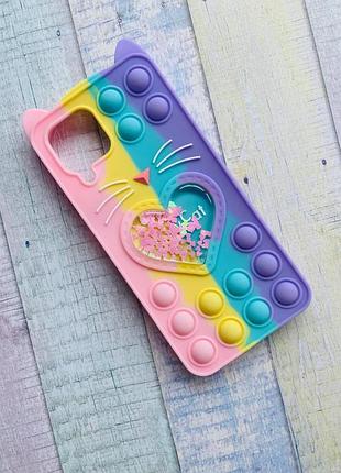 Чехол попит антистресс поп-ит pop it для samsung galaxy m33 5g котик с сердечком розово-фиол.