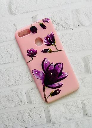 Силиконовый чехол с рисунком и камнями для xiaomi redmi a1 / 5x фиолетовый цвет магнолии