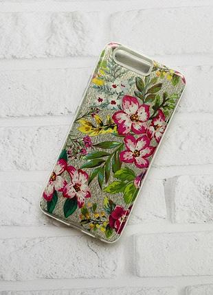 Силіконовий чохол з блискучою вставкою для huawei p10 рожеві квіти та зелене листя