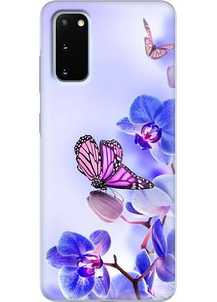 Чехол силиконовый с картинкой на samsung galaxy s20 (g980) (цветок, бабочка на орхидее)