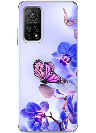 Чехол силиконовый с картинкой на xiaomi mi 10t pro (цветок, бабочка на орхидее)