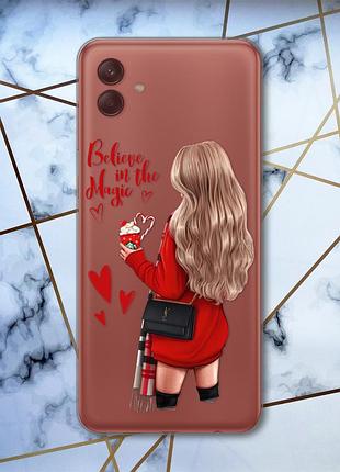Прозрачный чехол на samsung galaxy a04e (a042) девушка с кофе. верю в чудо (принт 137)