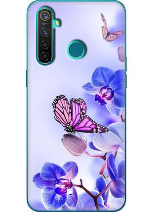 Чехол силиконовый с картинкой на realme 5 pro (цветок, бабочка на орхидее)