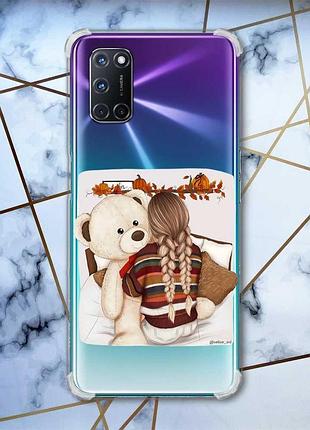 Прозрачный чехол с рисунком для oppo a52/ a72/ a92 девочка с мишкой (принт 117)