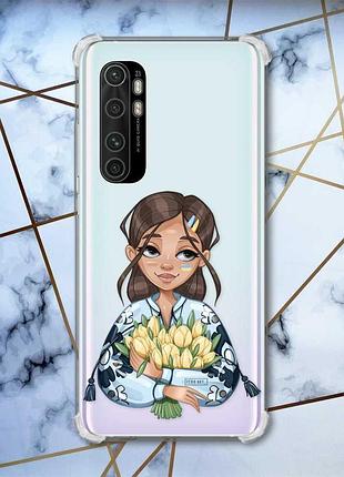 Чехол с утолщёнными углами для xiaomi mi note 10 lite девушка с тюльпанами (патріотичний принт 22)