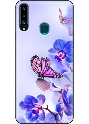 Чехол силиконовый с картинкой на samsung galaxy a20s (a207) (цветок, бабочка на орхидее)