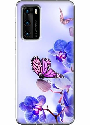 Чехол силиконовый с картинкой на huawei p40 (цветок, бабочка на орхидее)
