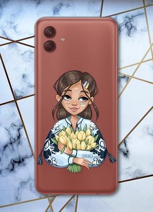 Прозрачный чехол на samsung galaxy a04e (a042) девушка с тюльпанами (патриотический принт 22)