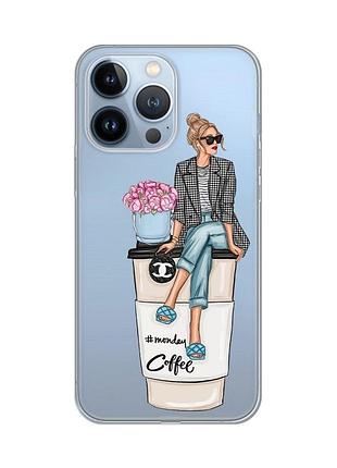 Прозорий чохол на apple iphone 13 pro :: дівчина на каві (принт 228)