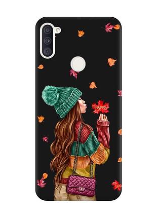 Матовий чохол з чорними боками на samsung galaxy a11 :: дівчина з листям (принт 221)