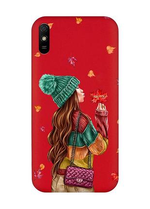 Матовый чехол с красными боками на xiaomi redmi 9a :: девушка с листьями (принт 221)