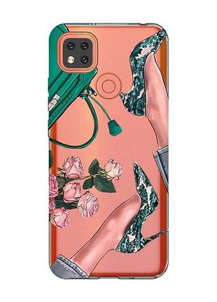 Прозрачный чехол для xiaomi redmi 9c туфельки и цветы (принт 225)