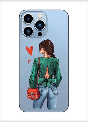 Прозрачный чехол на apple iphone 13 pro max девушка в зеленом (принт 224)