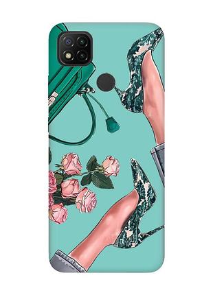 Матовый чехол с бирюзовыми боками на xiaomi redmi 9c/10a :: туфельки и цветы (принт 225)