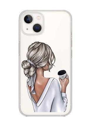Прозрачный чехол с защитой камеры на iphone 14 plus девушка с латте (принт 227)