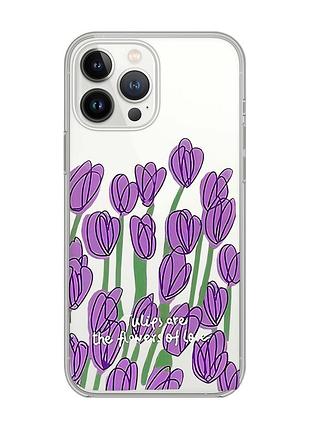 Прозрачный чехол с защитой камеры на iphone 14 pro max тюльпаны (принт 265)