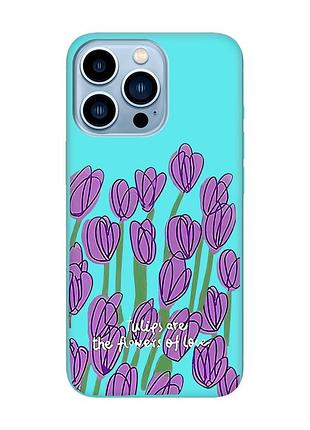 Матовый чехол с бирюзовыми боками на apple iphone 13 pro max :: тюльпаны (принт 265)