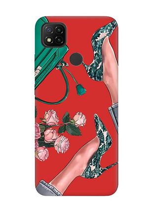 Матовий чохол з червоними боками на xiaomi redmi 9c/10a туфельки і квіти (принт 225)