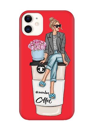 Матовый чехол с красными боками на apple iphone 11 (6.1) :: девушка на кофе (принт 228)
