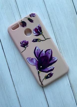 Силиконовый чехол с рисунком и камнями для huawei nova 2 лотос фиолетовый