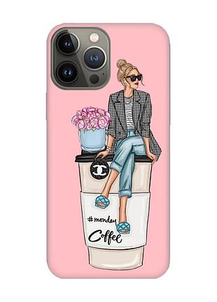 Матовый розовый чехол на apple iphone 13 pro :: девушка на кофе (принт 228)