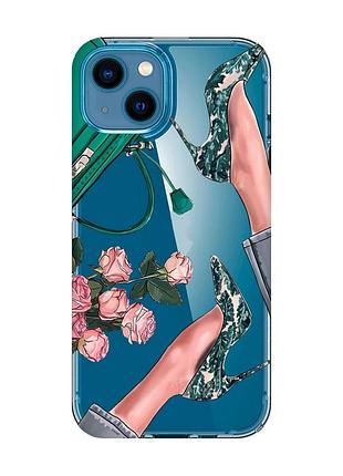 Прозрачный чехол для iphone 13 mini туфельки и цветы (принт 225)