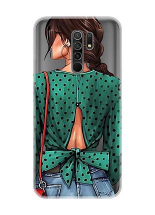 Прозорий чохол на xiaomi redmi 9 дівчина в зеленому (принт 224)
