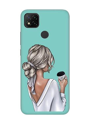 Матовый чехол с бирюзовыми боками на xiaomi redmi 9c/10a :: девушка с латте (принт 227)
