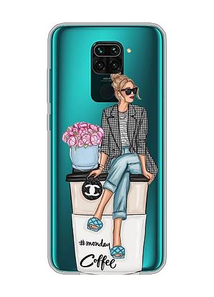 Прозрачный чехол на xiaomi redmi note 9 :: девушка на кофе (принт 228)
