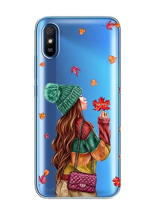 Прозорий чохол на xiaomi redmi 9a :: дівчина з листям (принт 221)