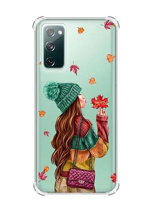Прозорий чохол з потовщеними кутками на galaxy s20 fe :: дівчина з листям (принт 221)