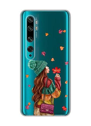 Прозрачный чехол на xiaomi mi note 10/note 10 pro :: девушка с листьями (принт 221)