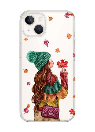 Прозрачный чехол с защитой камеры на iphone 14 plus :: девушка с листьями (принт 221)
