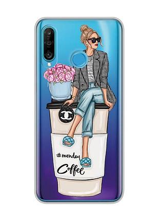 Прозорий чохол на huawei p30 lite :: дівчина на каві (принт 228)