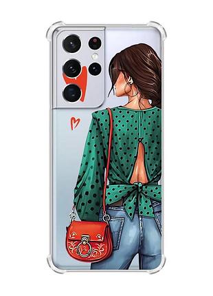Чехол с утолщёнными углами на samsung galaxy s21 ultra девушка в зеленом (принт 224)