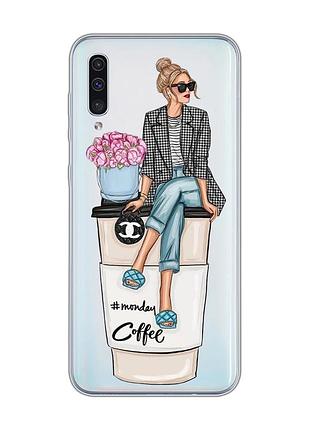 Прозрачный чехол на samsung galaxy a50 (2019) a505 :: девушка на кофе (принт 228)